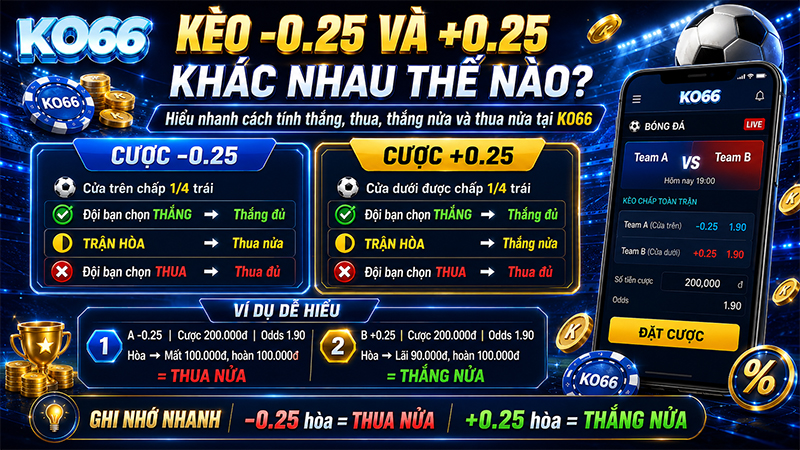 Kèo -0.25 và +0.25 không giống nhau